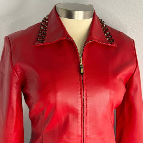 St. John Sport Red Leather Jacket Blazer Grommet Detailing Size Large - Picture 3 of 15